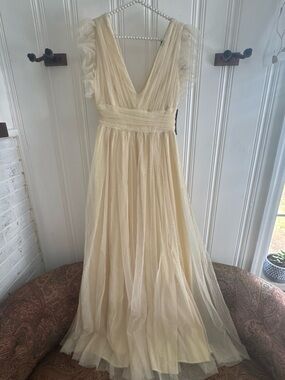New York & Company Champagne V-Neck Tulle Maxi Dress
